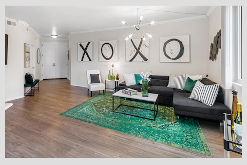 Modern living room with XOXO wall art, dark sofa and emerald green rug